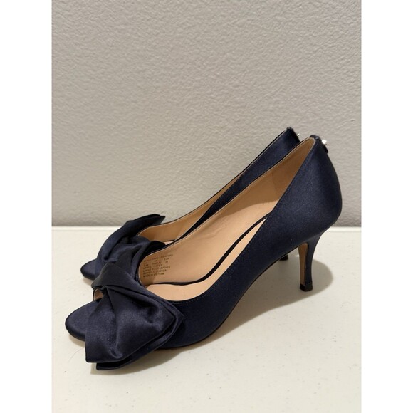 Kate Spade Heels  Size 7.5 Crawford Peep-Toe Bow Pumps Navy Satin - Picture 3 of 9